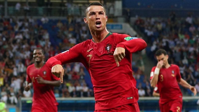 Ronaldo exults after scoring against Spain in the 2018 FIFA World Cup