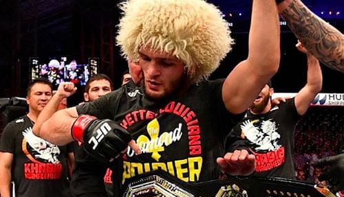 Khabib Nurmagomedov in Dustin Poirier's t-shirt after their UFC 242 fight