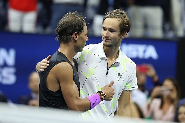 Medvedev greets Nadal at the net after falling short in an epic 2019 US Open final