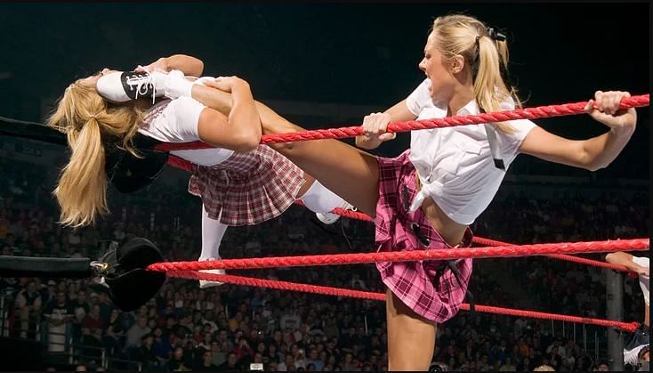 Women often wrestled in schoolgirl outfits instead of wrestling attire.
