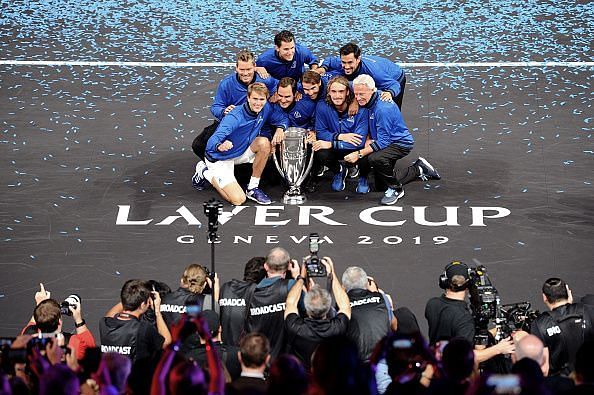 Team Europe celebrate with the Laver Cup trophy.