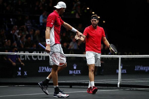 Isner(left) and Sock in action at the 2019 Laver Cup in Geneva