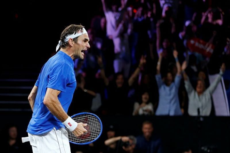 Federer reacts after his win over Isner on the final day of action at the 2019 Laver Cup