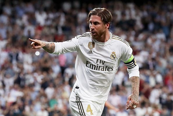 Real Madrid&#039;s Sergio Ramos celebrating his goal against Club Brugge