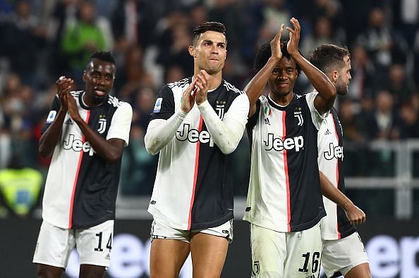 Cristiano Ronaldo and his teammates applaud the Juventus fans