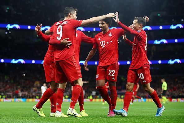 Bayern Munich players celebrate during their win over Tottenham Hotspur.