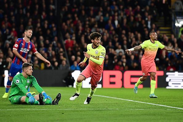 David Silva celebrataes after doubling Manchester City&#039;s lead.