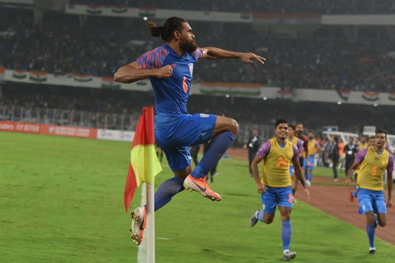 Adil Khan celebrates after scoring the only goal for India in the match