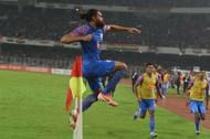 Adil Khan celebrates after scoring the only goal for India in the match