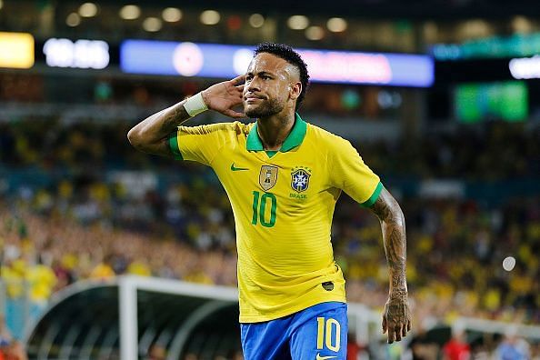 Brazil&#039;s Neymar celebrates a goal