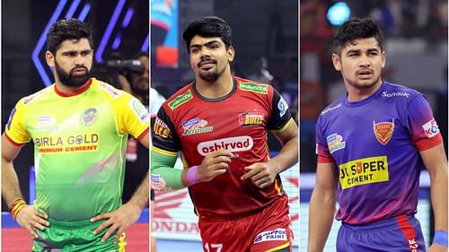 The top 3 raiders of Pro Kabaddi 2019 - Pardeep Narwal (left), Pawan Sehrawat (centre) & Naveen Kumar (right)