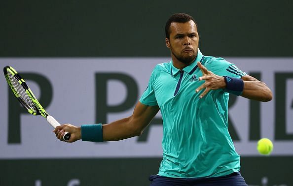 Jo-Wilfried Tsonga in action during his match against Thiem at Indian Wells in 2016