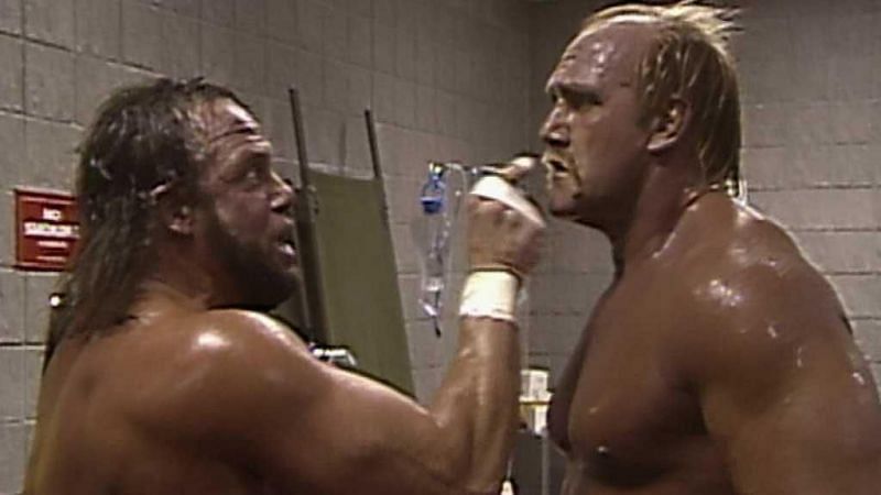 Fast Friends turned Bitter Enemies: Hulk Hogan and Macho Man Randy Savage backstage after Saturday Night&#039;s Main Event 1989.