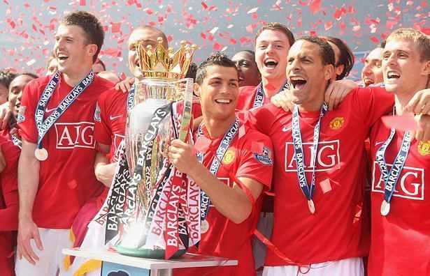 Ronaldo celebrates his third Premier League title with Manchester United in 2008-09