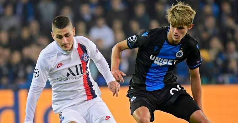 Ketelaere battling with PSG&#039;s Marco Verratti on a memorable night for the 18-year-old