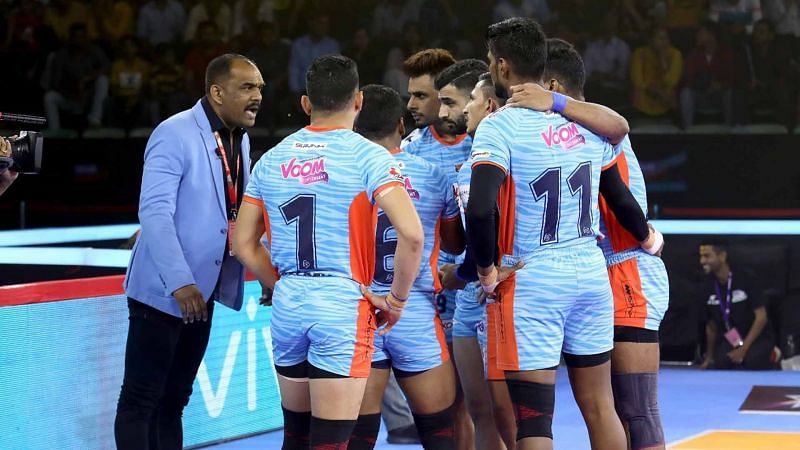 Bengal Warriors&#039; coach BC Ramesh (L) is seen instructing his players