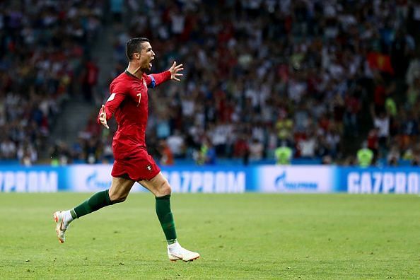 Ronaldo celebrates after scoring against Spain at the 2018 FIFA World Cup.