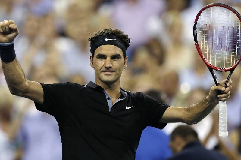 Federer exults after beating Bautista Agut in the fourth round of the 2014 US Open