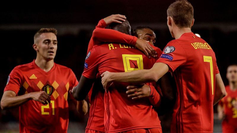 Belgium players celebrate with Lukaku on a landmark night for the Inter Milan striker during their 9-0 win