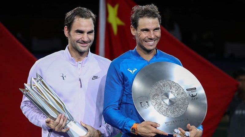 Roger Federer (L) and Rafael Nadal(R) at the Shanghai Masters-2017