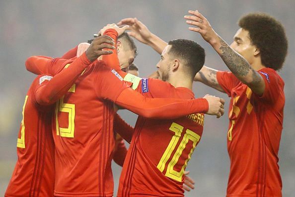 The Belgian national team celebrates a goal