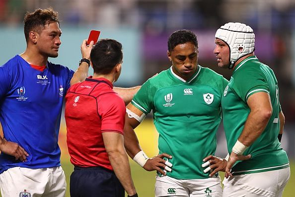 Bundee Aki was sent off for a dangerous tackle during Ireland&#039;s Pool A match against Samoa.