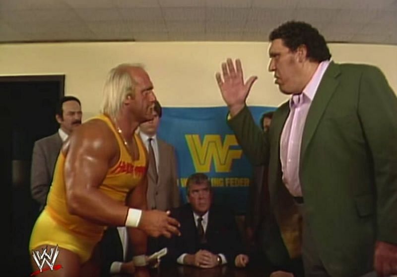 Hogan and Andre at their tense contract signing.