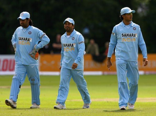 Dhoni with Sachin Tendulkar and Sourav Ganguly