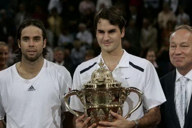 Federer celebrates his first title in Basel in 2006