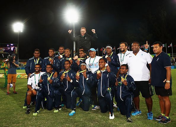 The Fiji sevens team winning gold at the 2016 Rio Olympics