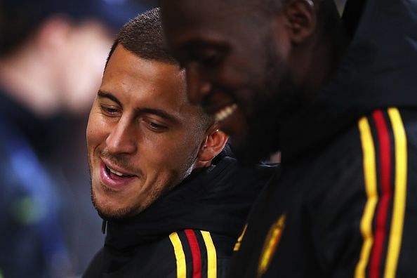 Belgium&#039;s Eden Hazard and Romelu Lukaku share a laugh