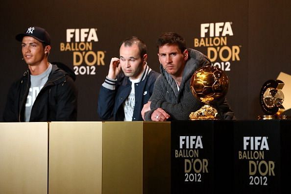 From L to R: Cristiano Ronaldo, Andres Iniesta and Lionel Messi at the 2012 Ballon d&#039;Or gala.