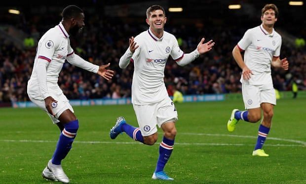 Pulisic celebrates after scoring against Burnley on Saturday