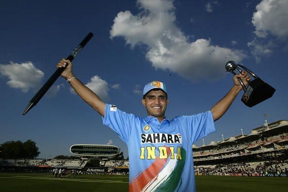 Captain Sourav Ganguly holds the NatWest tri-series trophy aloft in 2002.
