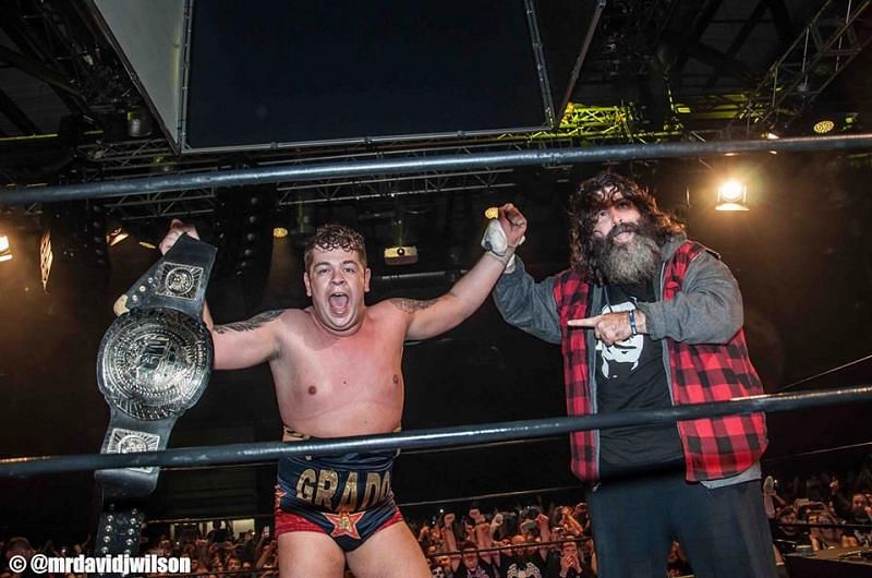 Grado celebrates winning the ICW World Title with Mick Foley at Fear and Loathing 8. Credit: David J Wilson