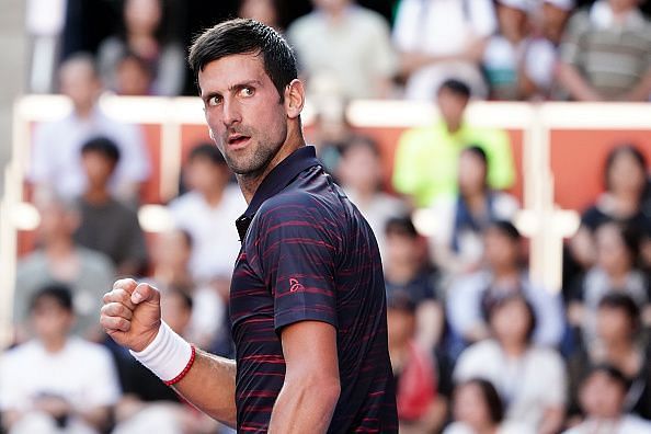 Djokovic celebrates on day six at this year&#039;s Rakuten Open, where he beat Goffin in straight-sets