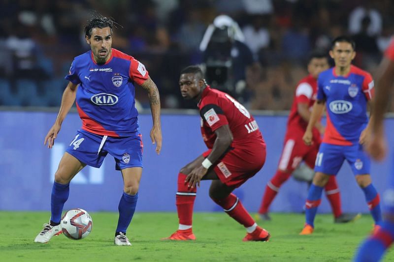 Bengaluru FC&#039;s Dimas Delgado and NorthEast United FC&#039;s Jose Leudo in action.