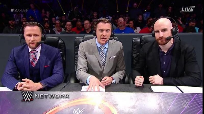Aiden English(right) along with Nigel McGuiness(left) and Vic Joseph(center) in the commentary booth of 205 Live
