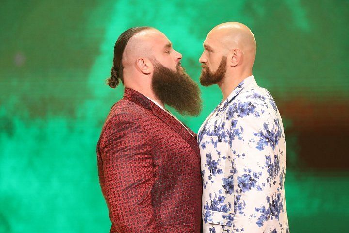 Braun Strowman and Tyson Fury face off at a Las Vegas press conference ahead of WWE Crown Jewel