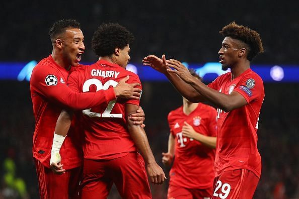 Bayern players celebrate with Gnabry during their 7-2 thrashing vs. Tottenham in their UCL Group B game