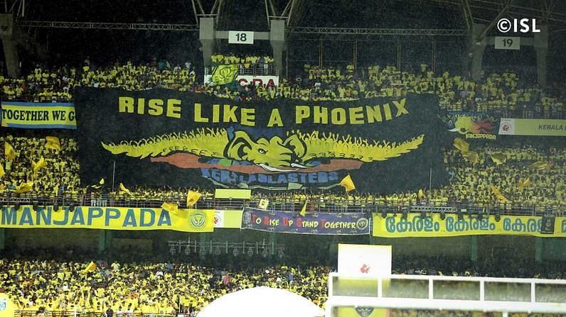 The fans of the Kerala Blasters with a fantastic banner during the first home match against ATK (Credits: ISL)