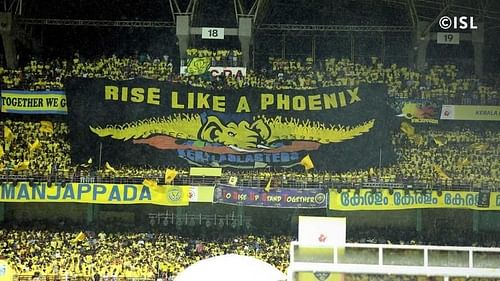 The fans of the Kerala Blasters with a fantastic banner during the first home match against ATK (Credits: ISL)