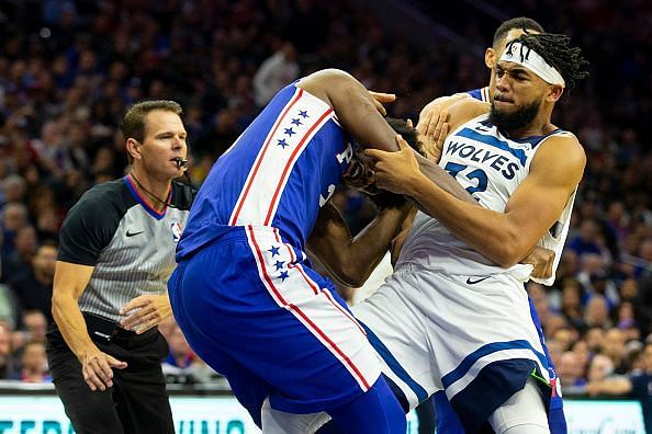Joel Embiid and Karl-Anthony Towns got into a heated scuffle at the Wells Fargo Center on 30th October