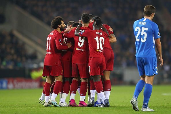 The Reds celebrating their lead over Genk in Belgium.