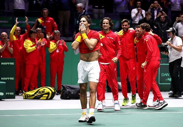 A jubilant Team Spain after the victory