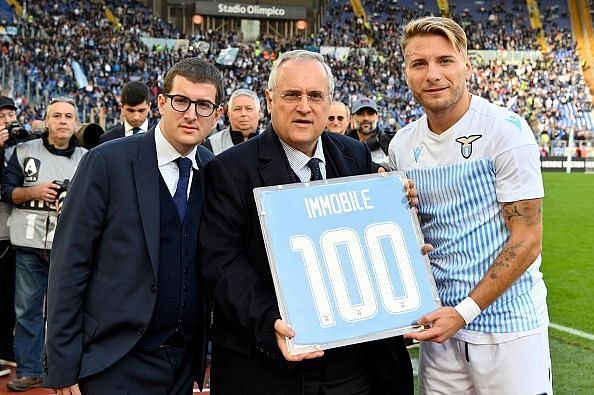 Immobile celebrates scoring his 100th goal for Lazio