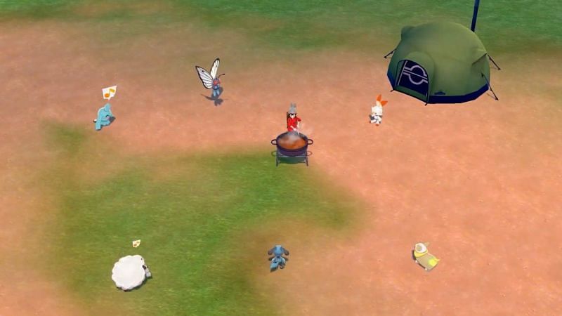 Your Pokemon party gathering for a meal in your camp