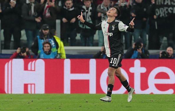 Paulo Dybala celebrates his goal against Atletico Madrid