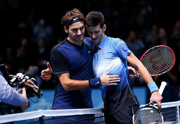 Federer and Djokovic after their 2015 round-robin match