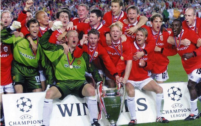 Manchester United rejoice after winning their second Champions League title in 1999